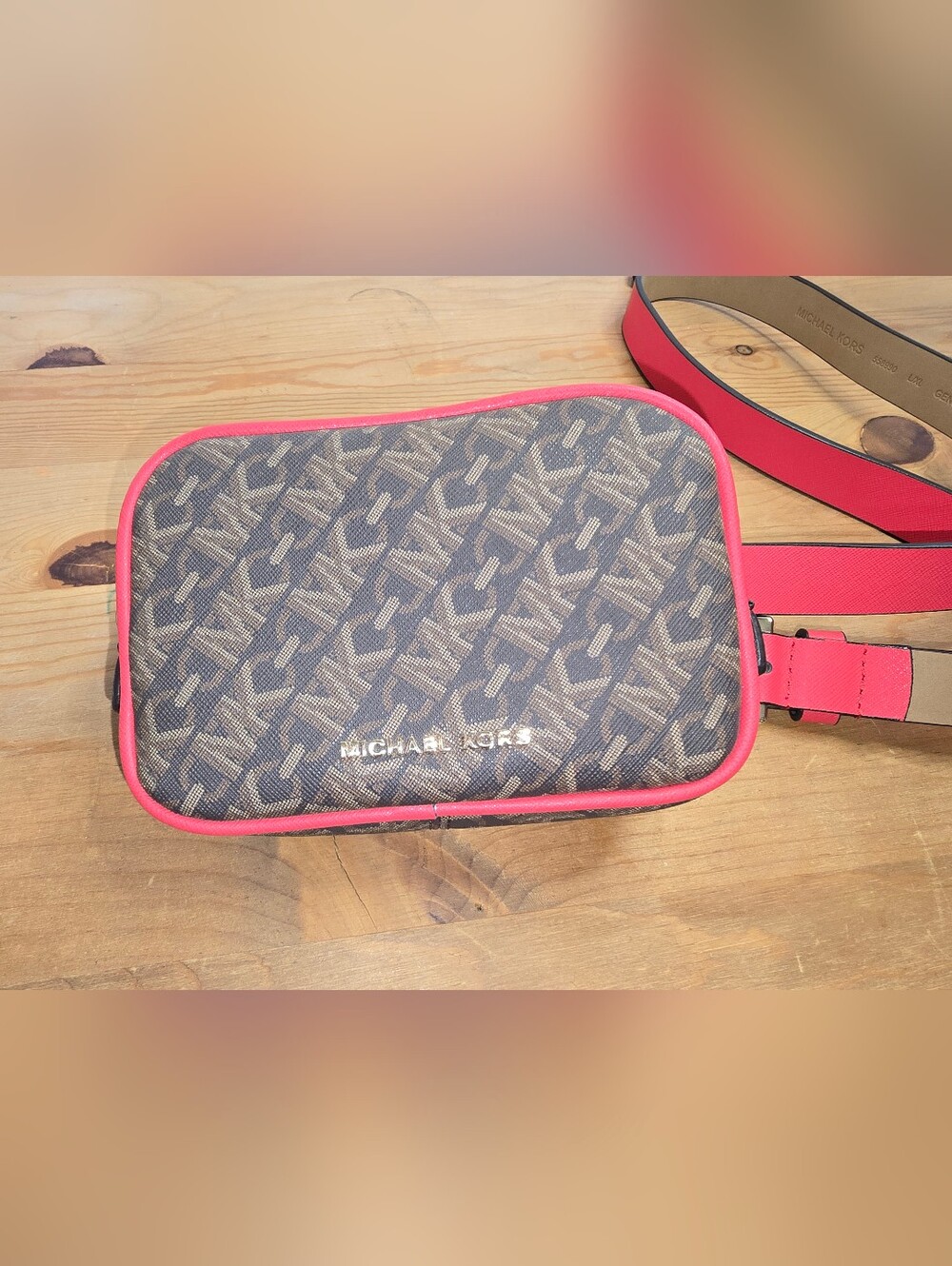 Michael Kors Brown MK Logo Belt Bag with Pink Trim
